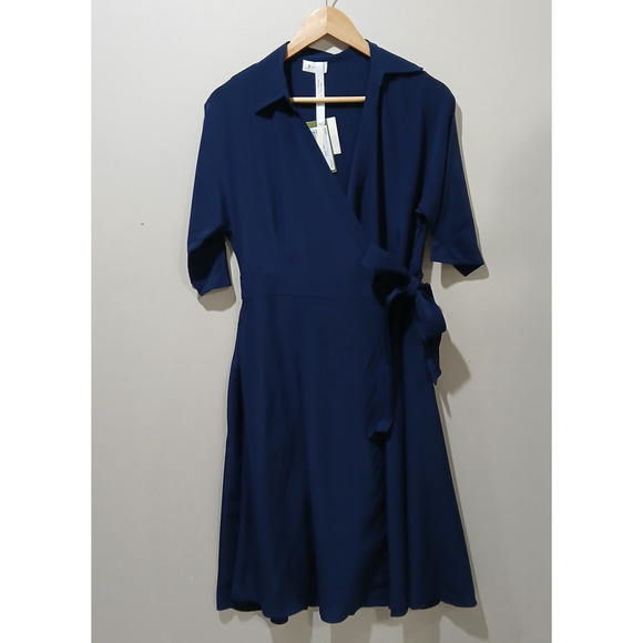 LILYSILK Dress Womens Small Navy Blue Silk Front Tie Wrap Midi Elbow Sleeve NWT - Picture 3 of 16
